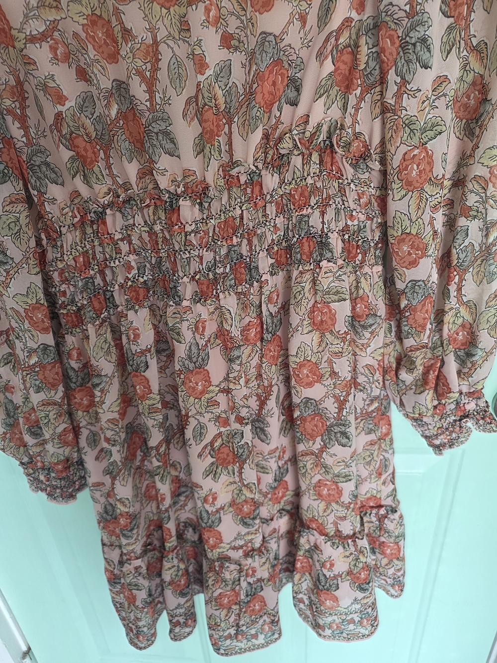Max Studio Peach Floral V-Neck Smocked Waist Long Sleeve Dress - Picture 4 of 6